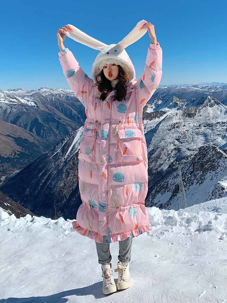

Women's Winter Coat Down Cotton Material Hooded Cute Rabbit Ears Thickened Quality Long Loose Fashion Casual Jacket Female
