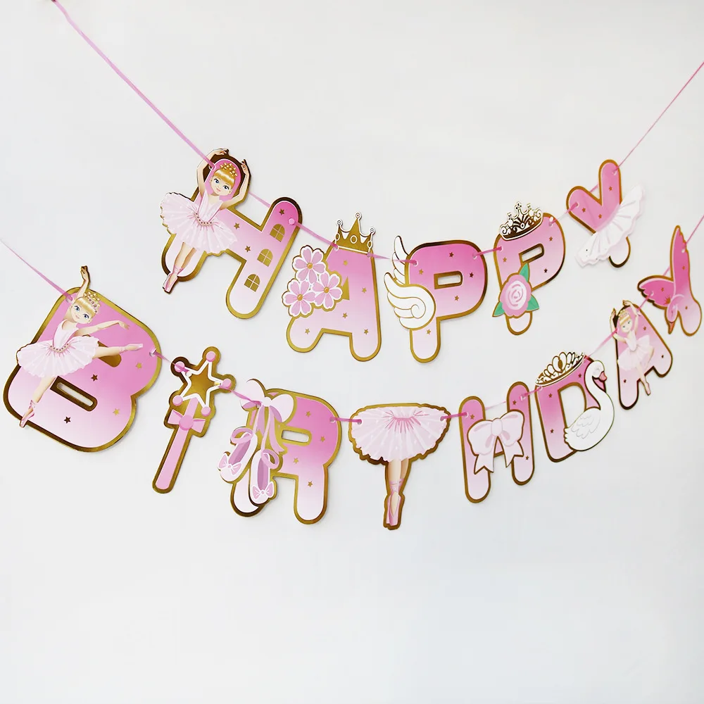 Swan Pink Ballerina Girl Cake Flags Crown Dress Happy Birthday Cake Toppers Ballet Banners Birthday Party Home Decor Supplies