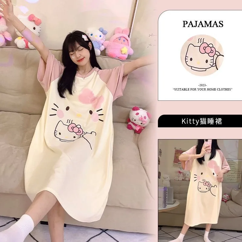 

Cute Hello Kitty Kuromi Cinnamoroll cartoon kawaii girl summer short-sleeved long cotton nightgown that can be worn outside