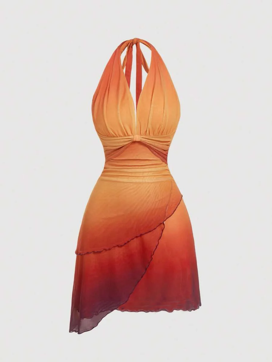 Asymmetrisches, rückenfreies Abendkleid mit Farbverlauf und Schleifenband, modisches rückenfreies Damenkleid