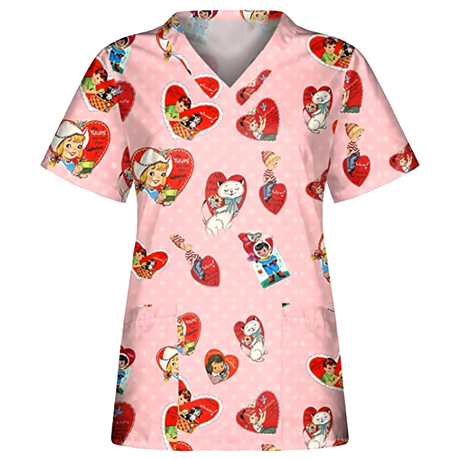 Valentine's Day Scrub Tops Women Workwear Scrubs Uniform Short Sleeve