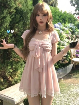 Elegante Mini Abito Lolita Dolce in Chiffon Rosa con Pizzo e Fiocco Frontale, Maniche a Sbuffo, Vestibilità Slim, Vita Alta, per Uso Quotidiano e Feste