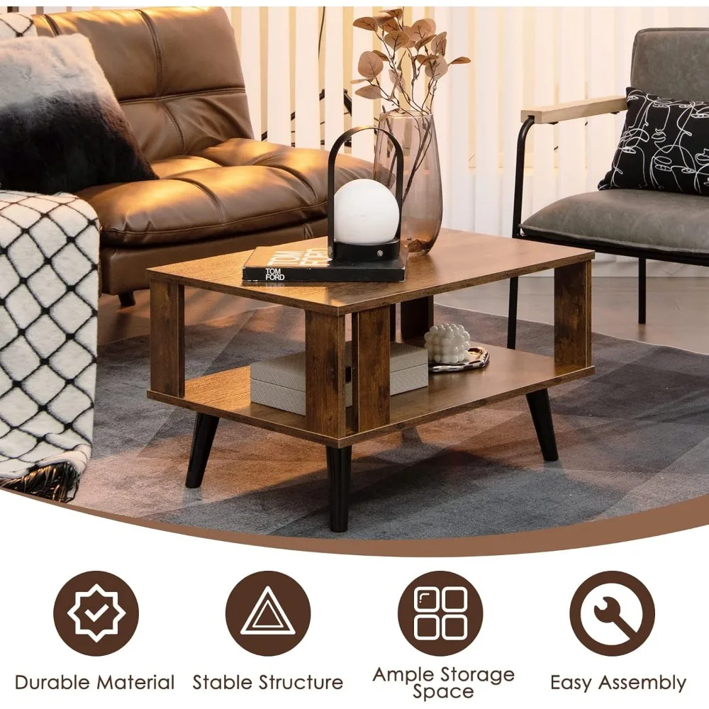 Small Coffee Table for Small Space, 2-Tier Wooden Center Table with Open Storage Shelf, Side Baffle, Easy Assembly 4