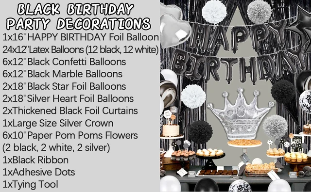 Silver & Black 1st Birthday Decorations for Baby 40 Number Balloon, Banner,  Foil Curtains, Balloons, Pom Poms 1st Party Supplies 