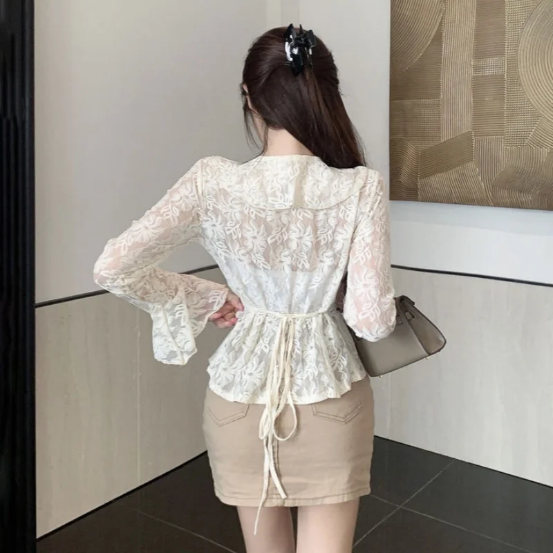 y2k Lace Blouse Women Coquette Clothes Sheer See Through Ruffle Flared Long Sleeve Shirt Top 2000s Clothing Streetwear