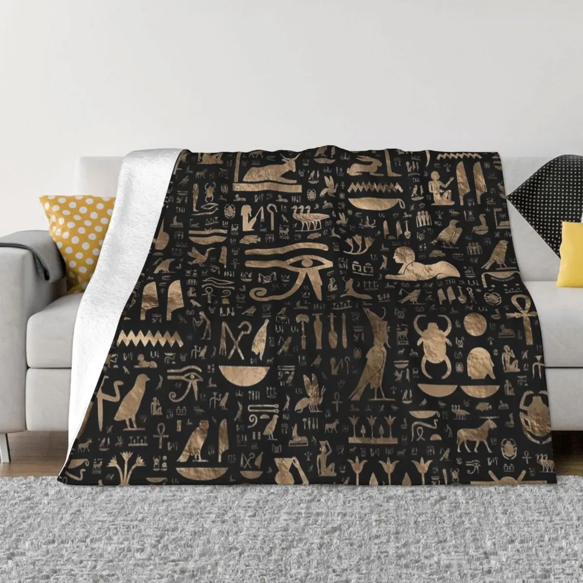 

Ancient Egyptian Hieroglyphs Black And Gold Blankets Flannel Spring/Autumn Soft Throw Blankets for Bed Office Bedding Throws