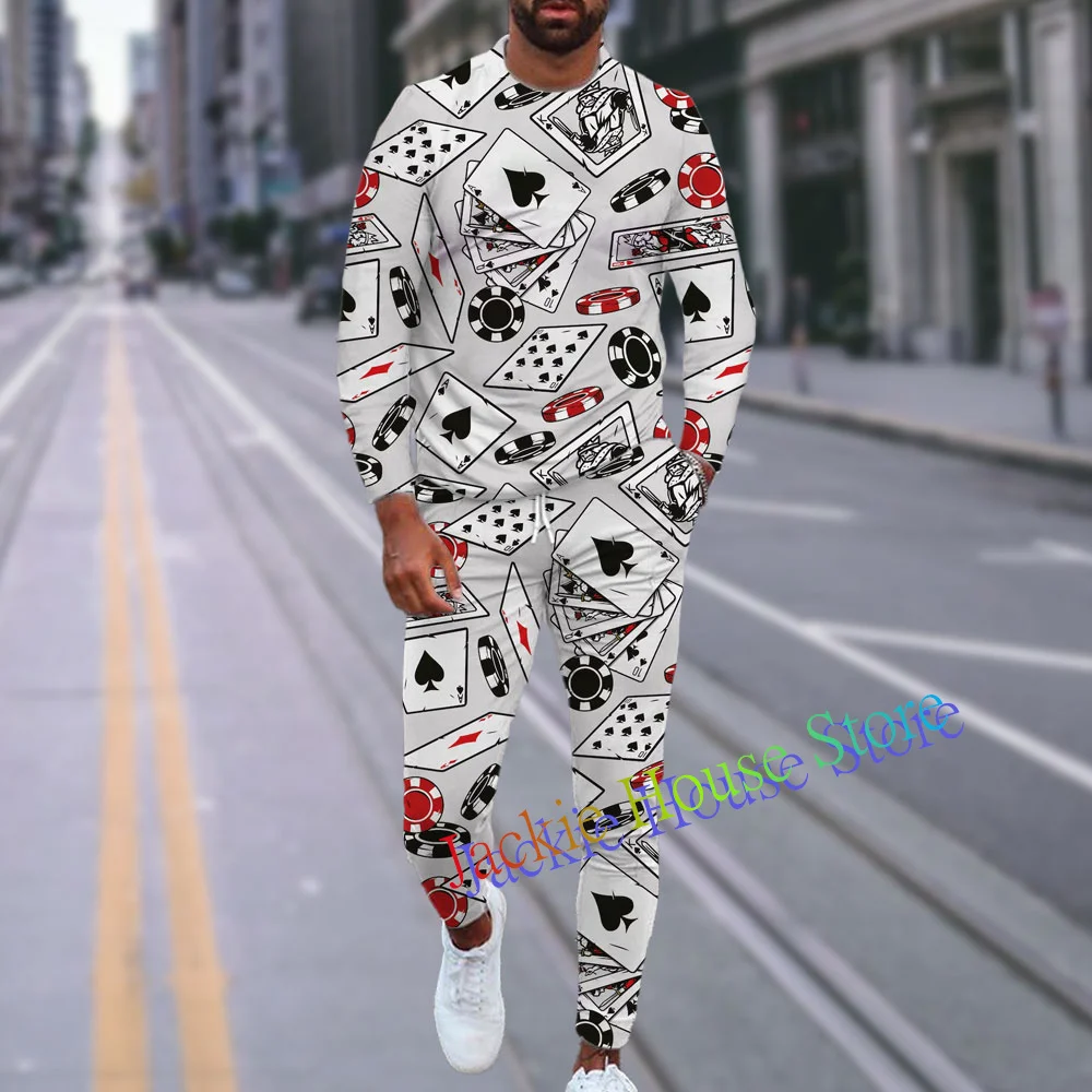 2023 Fashion Men Tshirt Suit Tracksuit Poker 3D Printed Sportswear Short Sleeve T-shirt+Long Pants 2 Piece Set Male Clothes