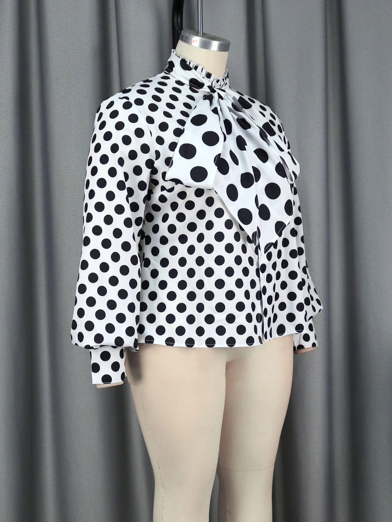 AOMEI Black Polka Dot Printed Blouse Women Shirt Bowtie Lace Up 