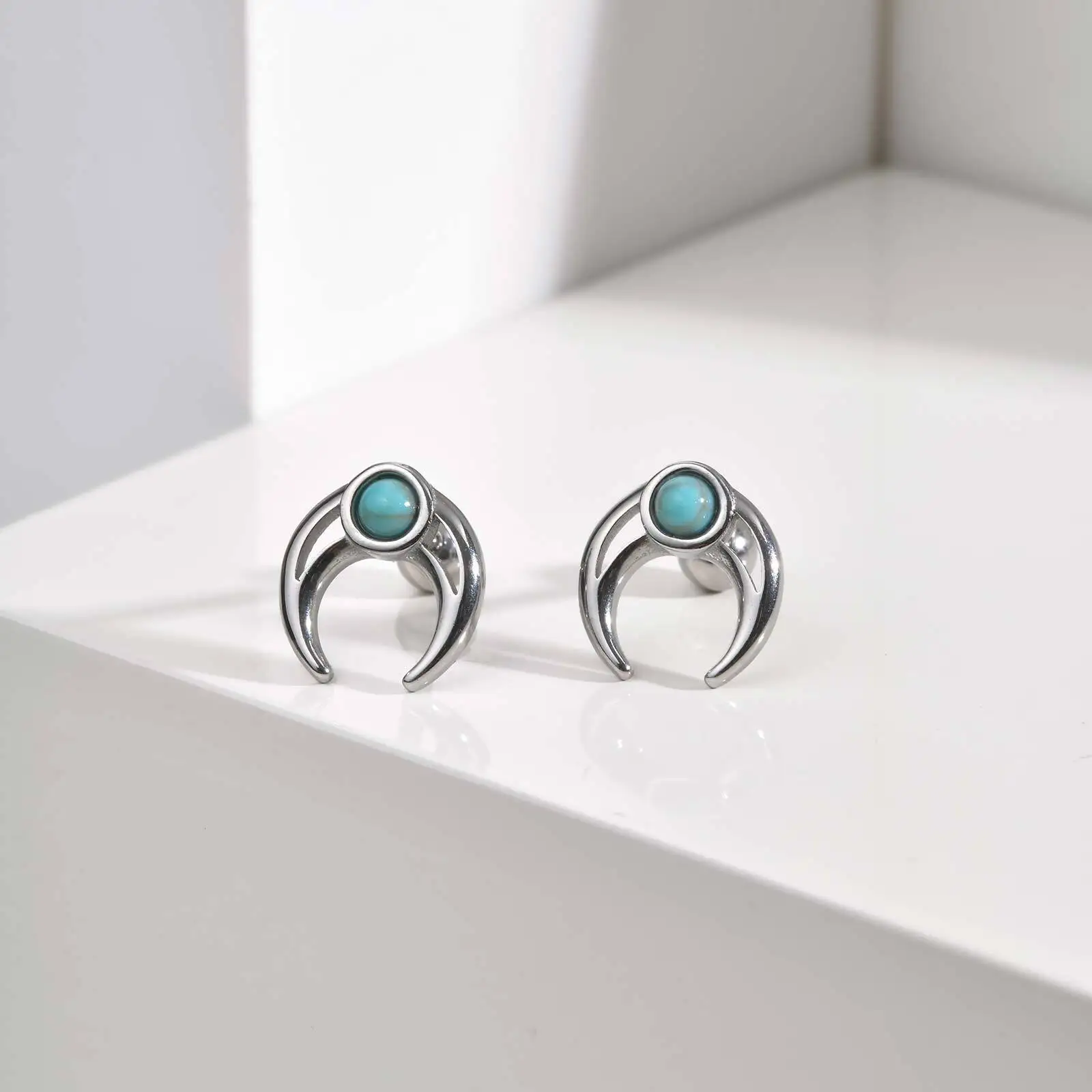 Stainless Steel Men's Moon Turquoise Stud Earrings,Silver Color Metal Piercing Earring,Natural Stone Jewelry Gift
