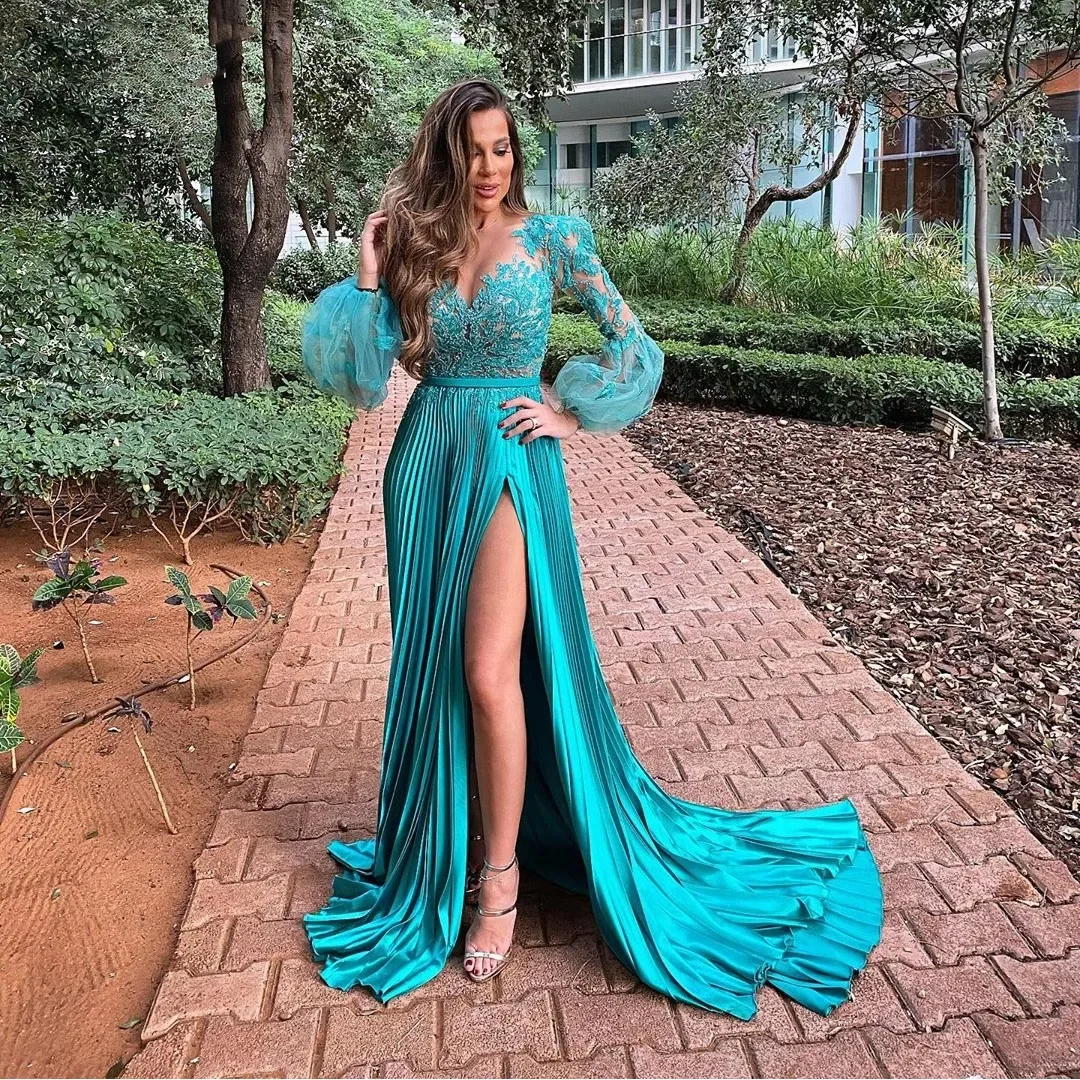 

Turquoise Prom Dresses Long Sleeve Top Lace Appliques Satin Pleat Women Gown With High Slit Wedding Party Guest Evening Dress