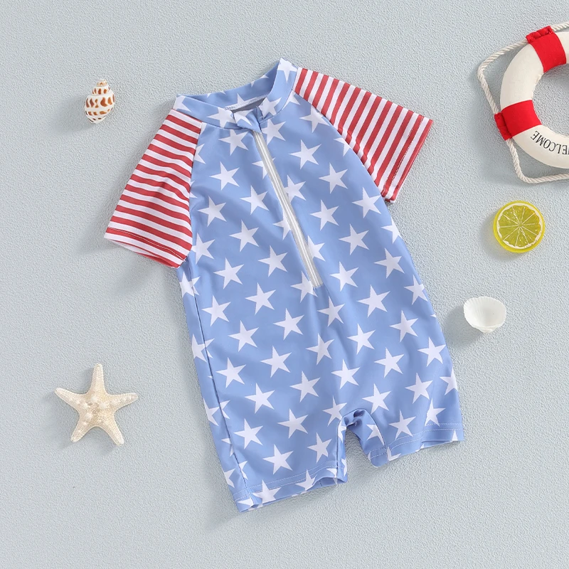 -04-01 Lioraitiin Independence Days Baby Boys Swimwear Patchwork Short Sleeve Star Stripe Print Zipper Swimsuit Beachwear