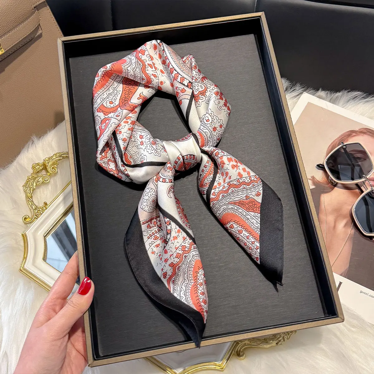 2025 Design Paisley Print 70*70cm Square Scarf Women Soft Satin Hairband Neckerchief Tie Female Headband Foulard Bag Ribbon Gift