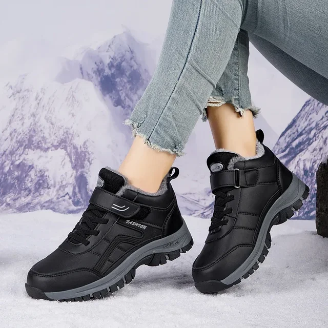 Winter Women Leather Outdoor Ankle Boots Autumn Hiking Velvet Warm Shoes Trekking Mountain Sneakers Tracking Treking Plush 2