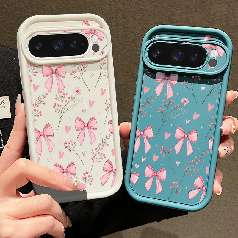 Elegant Pink Bow Flower Pattern Shockproof Phone Case - Solid Color, Soft Cover