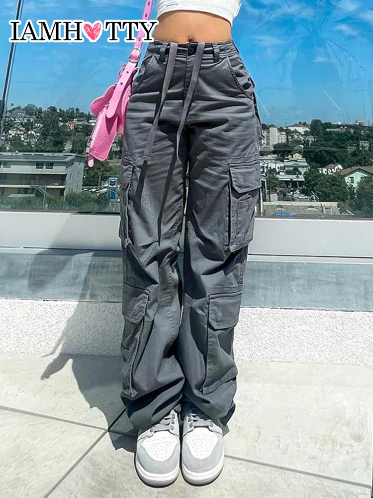 

Классная уличная одежда IAMHOTTY, брюки-карго со множеством карманов, винтажные джинсовые брюки с высокой талией, женские шикарные повседневные джинсы, мешковатый наряд