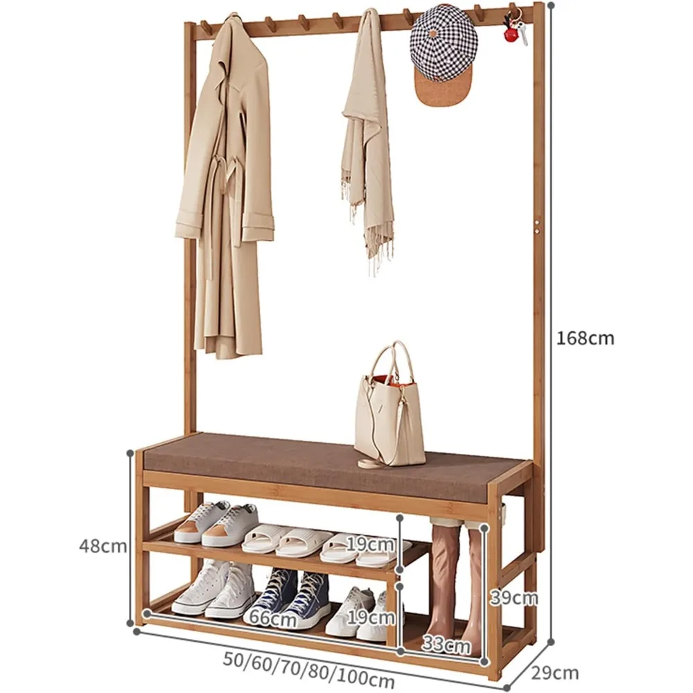 clothes stand with shoe rack bench, 3 in 1 cloth hanger stand bamboo clothes rack, free standing coat rack with shoe storage ben