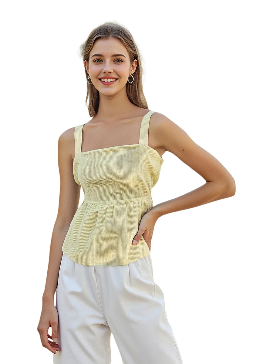 Elegant Sleeveless Square Neck Ruffle Hem Peplum Blouse for Women Solid Color Backless Babydoll Tank Top Chic Summer