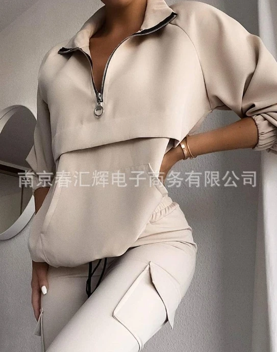 Women's Thick Fleece Tracksuit 2023 Warm Zipper Patchwork Long Sleeve Sweatshirts+ Skinny Pocket Pants Two Piece Pants Set