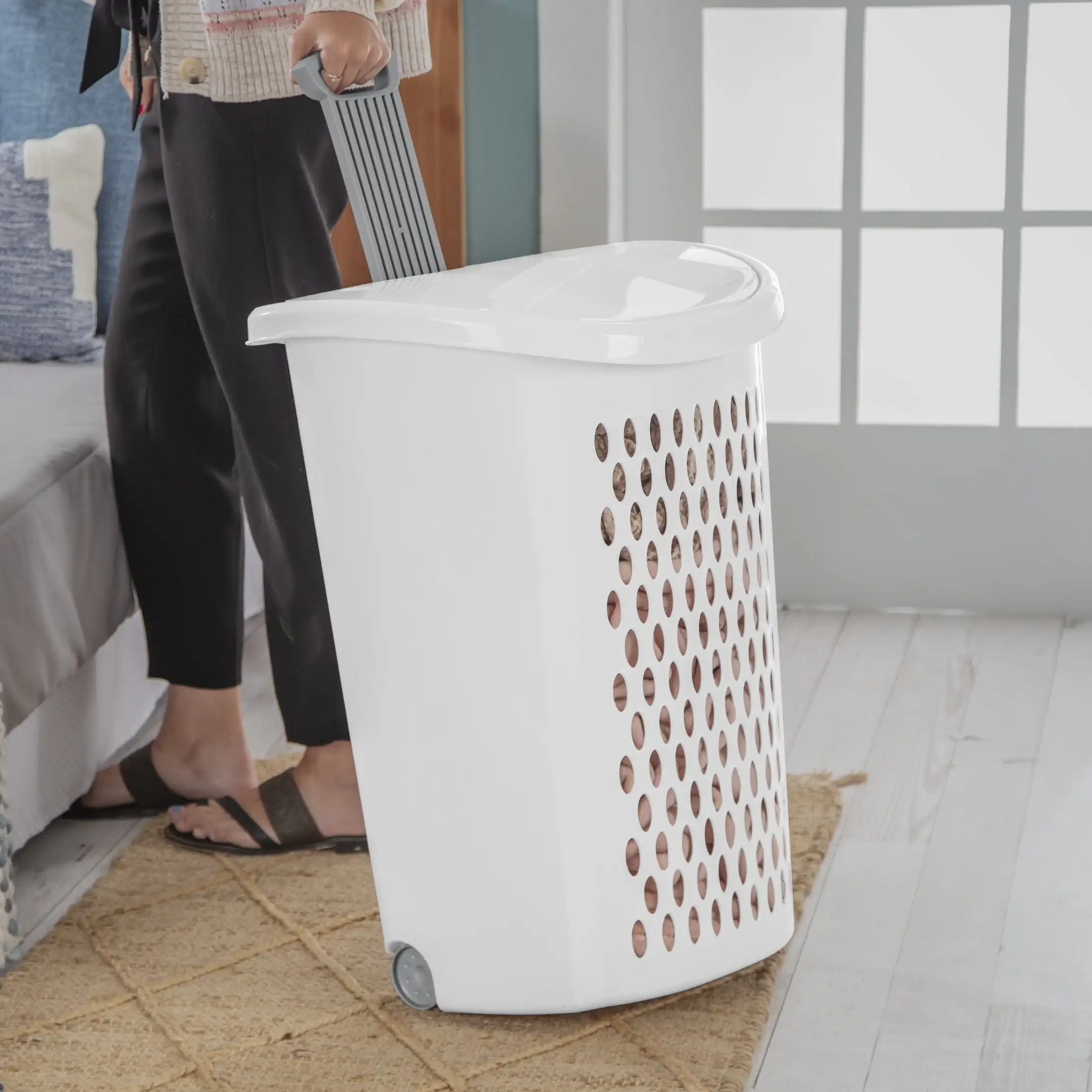 2-Pack Plastic Laundry Basket with Wheels for Dirty Clothes and Laundry Transport