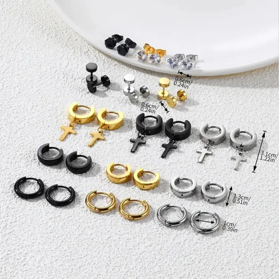 Aretes Hombre 6 Pares De Pendientes De Diamante Negro - Plata Y Acero Inoxidable Pendientes Hombre Negro