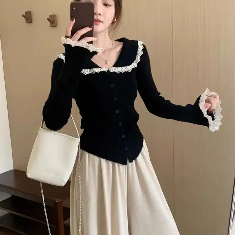 2025 Fall Women Long Sleeve Cardigan Knitted Top Autumn V-neck Sweet Korean Style Lace Sweater Elegant Casual Solid Knitwear