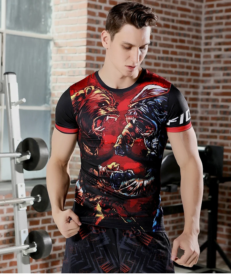 Lebhaft farbiges Kompressionsshirt, atmungsaktiver Stoff, wilde Biestgrafik zum Laufen, Radfahren – Detail 9