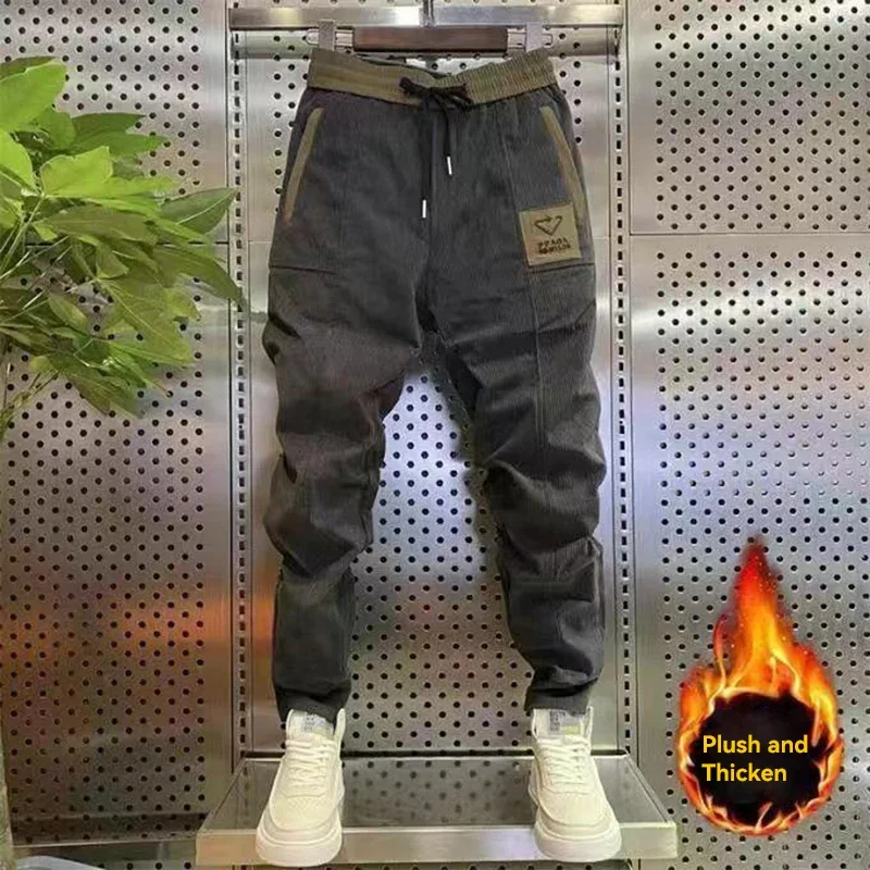 

Мужские вельветовые спортивные брюки, Осень-зима, шаровары для маленьких ног, джоггеры, уличная одежда, повседневные флисовые брюки, модные брюки