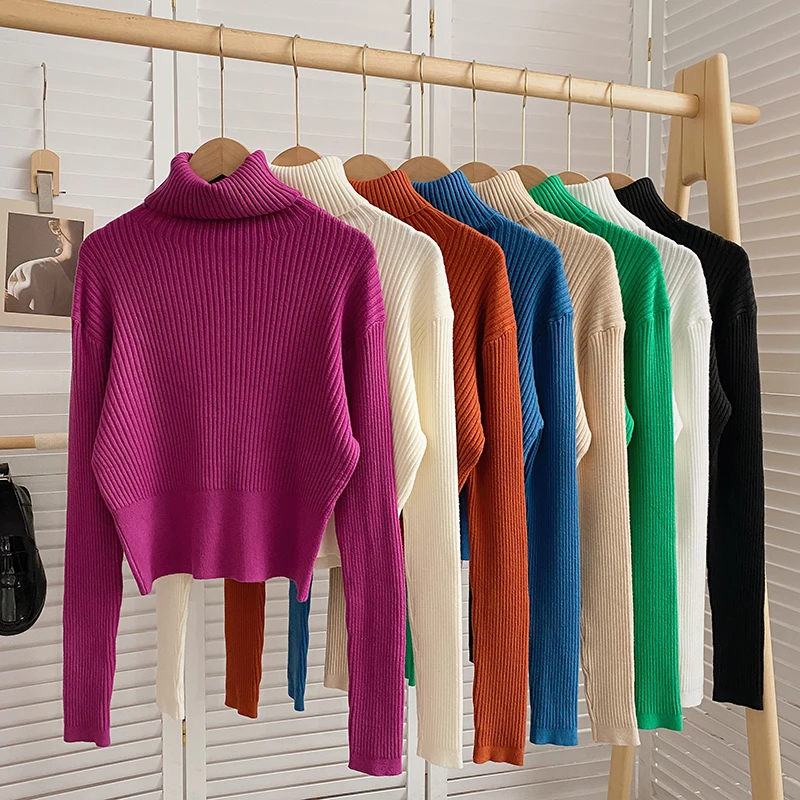 

Women's Short Turtleneck Knited Sweater Slim Warm Solid Women Crop Pullovers 2023 Autumn Winter Casual Ribbed Female Sweaters