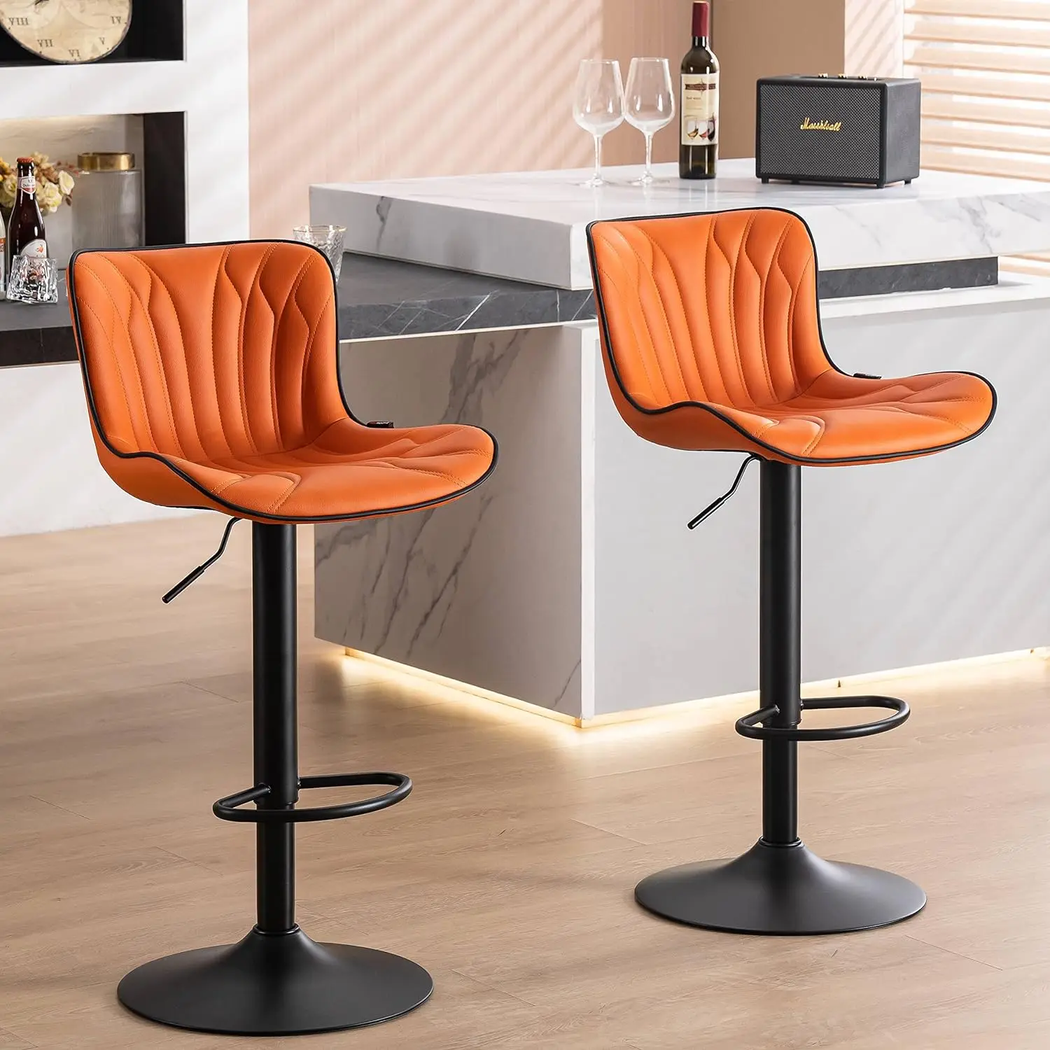 

YOUNIKE Bar Stools Set of 2 Orange Leather Swivel Barstools with Back Modern Adjustable Upholstered Counter Stools for Kitchen