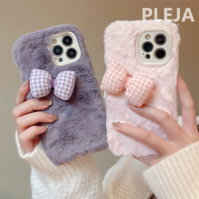 Korean 3d Polka Dots Bow Knot Fluffy Phone Case For Iphone 14 Plus 11