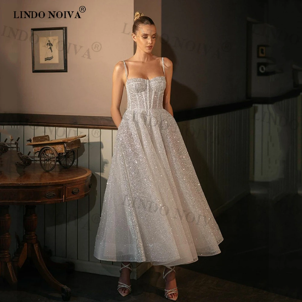 

LINDO NOIVA 2023 Shiny Princess Glitter Tulle Wedding Dresses Sweetheart Sexy Spaghetti Straps Backless Bridal Dresses Boho