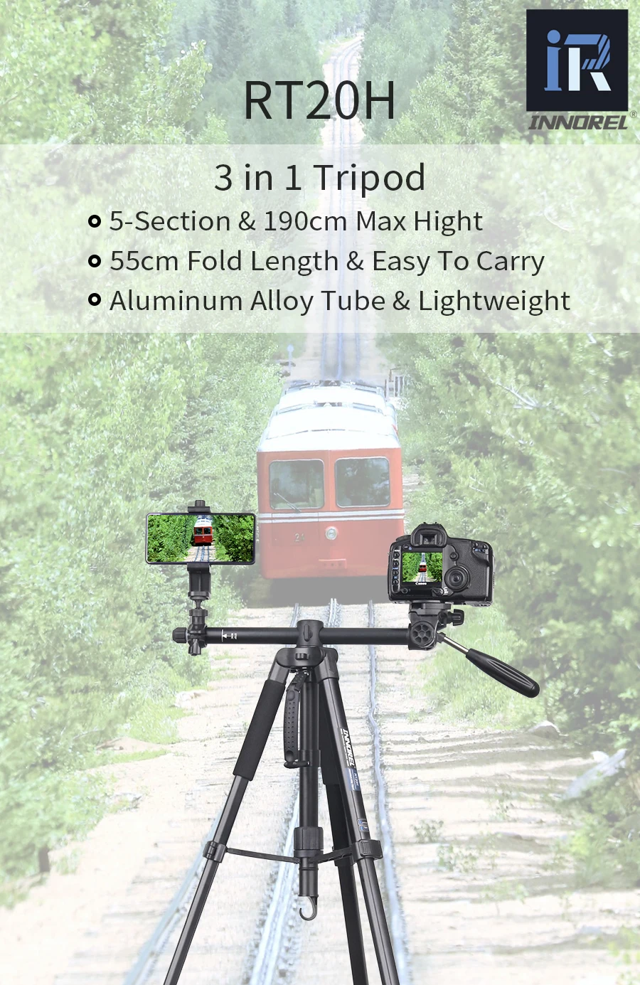 RT20H Professional Lightweight Travel Aluminum Tripod with Adjustable Head Horiz