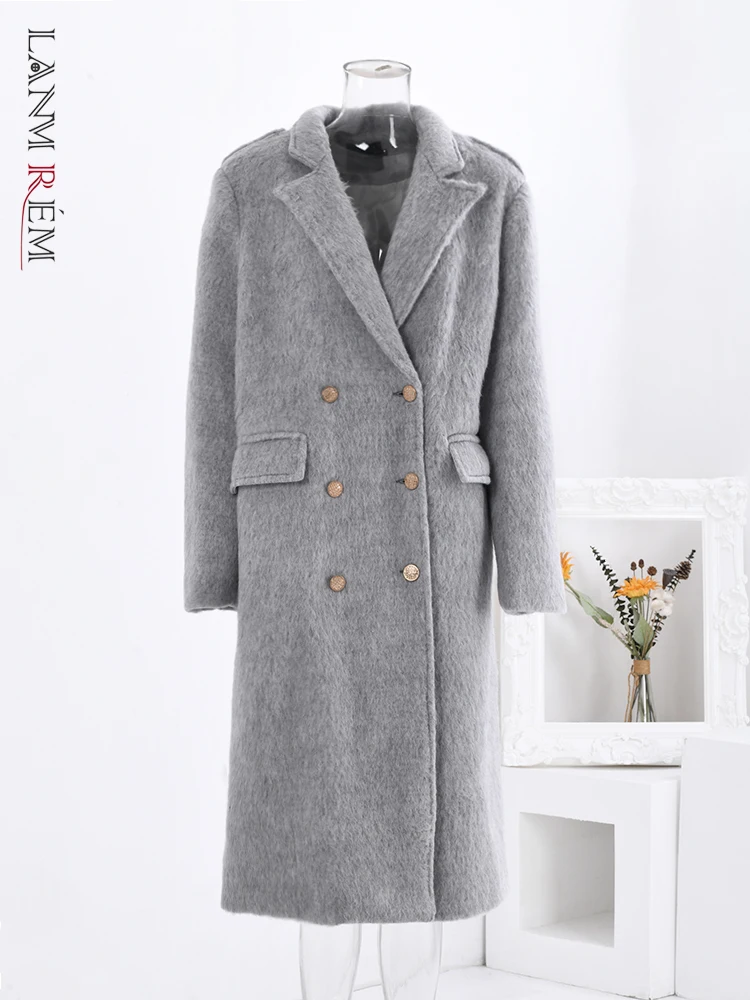 

LANMREM Winter Woolen Long Coat Women Notched Collar Solid Color Double Breasted Clothing Fashion 2024 New Clothing 2AA3096