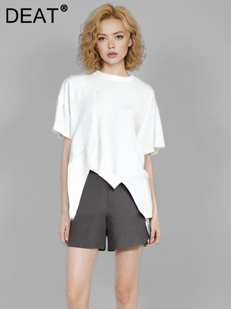 

DEAT Fashion Women's T-shirt Short Sleeves Patchwork Loose Irregular Hem Designer Solid Color Tops Summer 2024 New Tide CPG1353