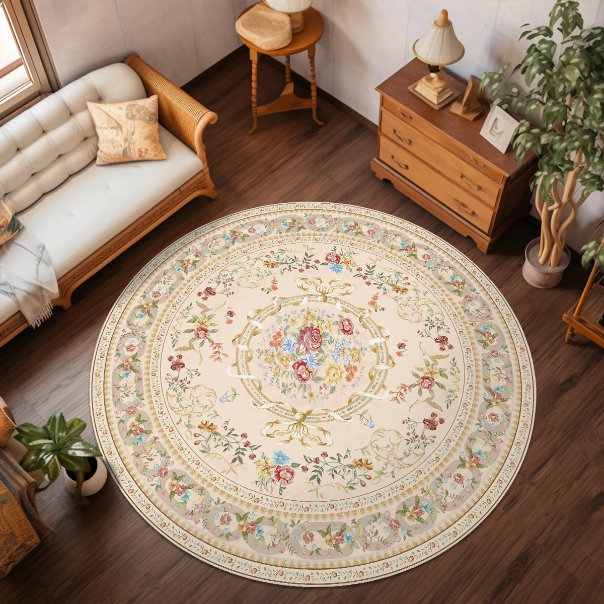 

Round Carpet for Living Room, Home Decoration, European Floral Pattern, Bedroom, Bedside, Soft, Machine Washable, Floor Mats