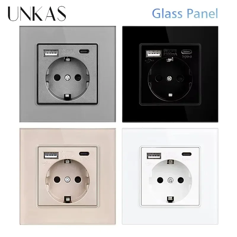 UNKAS Type-C USB แผงกระจกนิรภัยสีเทา EU/สเปน/รัสเซียปลั๊กไฟผนังสายดินพร้อม Fast Charger Outlet Save Child 1