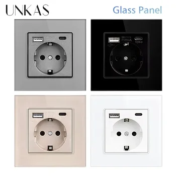 UNKAS Type-C USB แผงกระจกนิรภัยสีเทา EU/สเปน/รัสเซียปลั๊กไฟผนังสายดินพร้อม Fast Charger Outlet Save Child 1