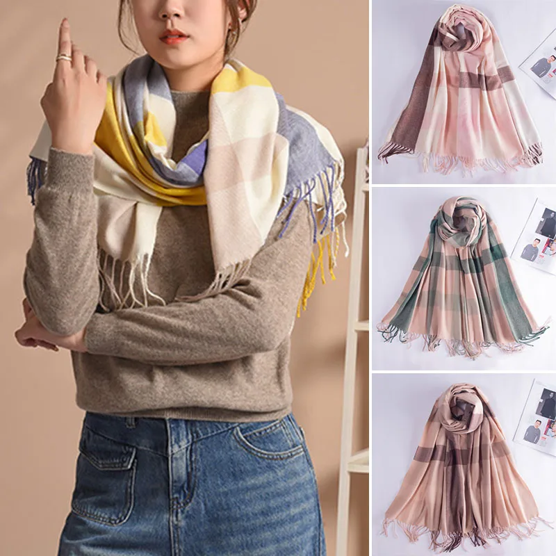 Vintage Coffee Color Scarf Women Outdoor Warm Imitation Cashmere Scarves Winter Harajuku Long Bandana Color Matching Plaid Shawl