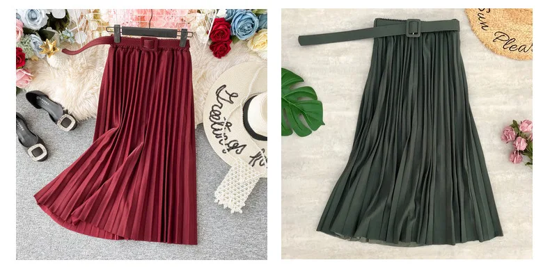 midi skirt PEONFLY New Women Fashion Belt Solid Color Pleated Midi Skirts Faldas Mujer Ladies Elegant High Waist Retro Casual Skirts golf skirt