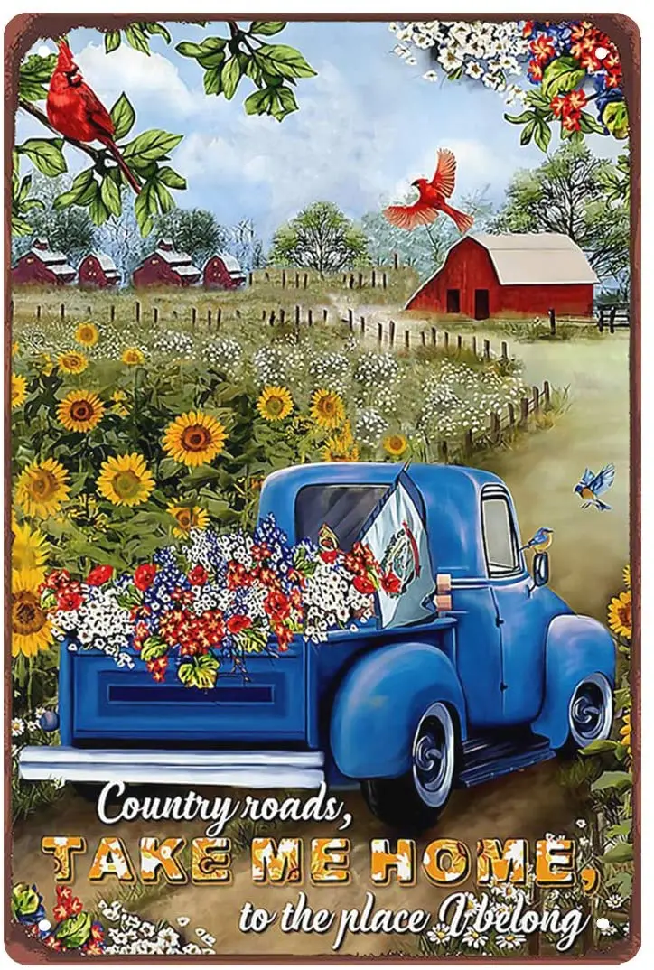 

Country Roads Take Me Home Tin Sign Vintage Home Kitchen Bar Bedroom Wall Decoration Cardinal Bird Sign 12x8 Inch