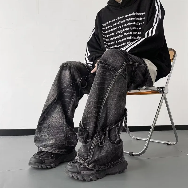 HOUZHOU Y2K Punk Black American Street Rock Retro High Waist Oversized Jeans Men Raw Edge Washed Darkwear Wide Leg Trousers Men
