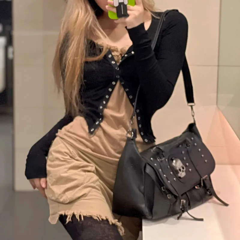 

Xiuya Gothic Bag Women 2022 Harajuku Punk Womens Shoulder Bag Rivet Rhinestone Skull Female Handbags Big Capacity Briefcase