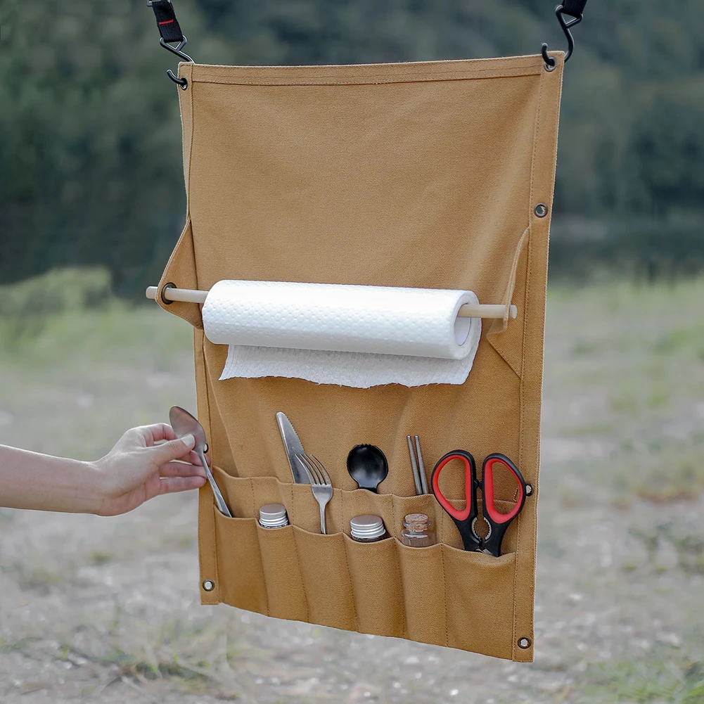 Camping Portable Towel Storage Rack Tableware Storage Bag Multi Pocket Canvas Outdoor Hiking Cutlery Hanging Holder