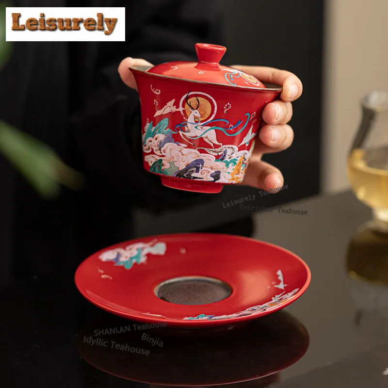 150ml Dunhuang Nine-color Deer Horseshoe Gaiwan Zen Tea Tureen Tea Bowl With Lid Kit Tea Brewing Cover Bowl Tableware Craft Gift