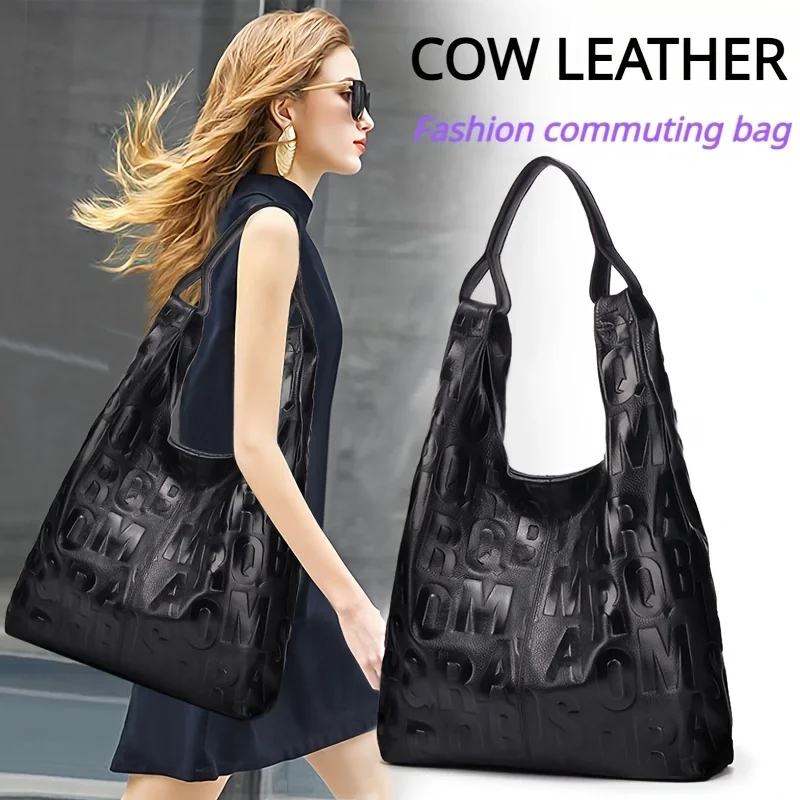 

Commuter fashion large capacity shoulder bag Women's cowhide Tote Letter leather women's bagCommuter fashion large capacity shou