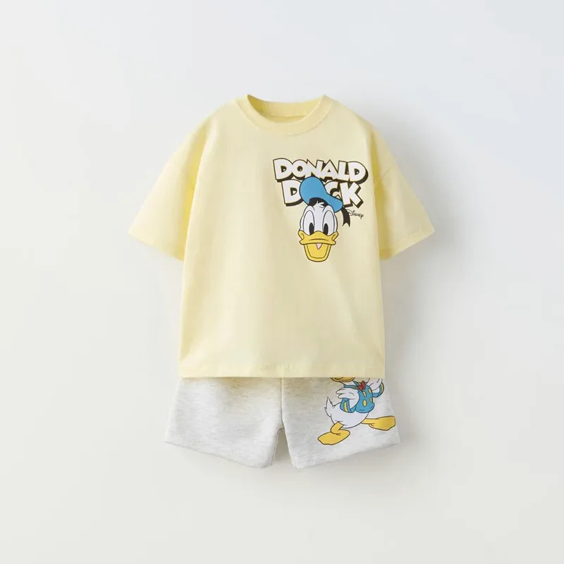 Donald Duck Cartoon T-shirt + Shorts 2pc/set Boys Clothes Summer Clothing Loose Casual Short Sleeve Suit Children's Wear Disney