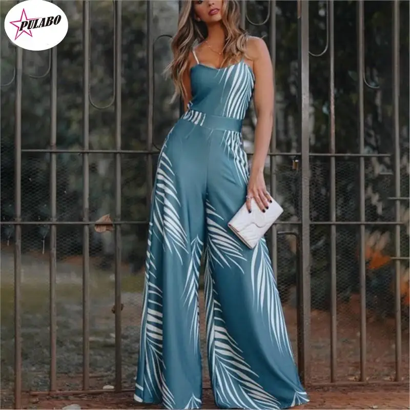 

y2k Jumpsuits For Women PULABO Casual Straight Jumpsuit Sleeveless Spaghetti Strap Printed Jumpsuit Waist Lace Up Women Clothing