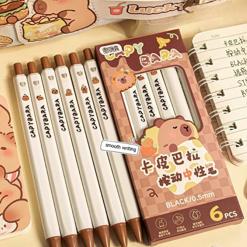 카와이 카피바라 젤 펜, 빠른 건조 검정 잉크, 부드러운 필기, 미적 일본 문구, 우아한 펜, 사무실 액세서리, 6 개