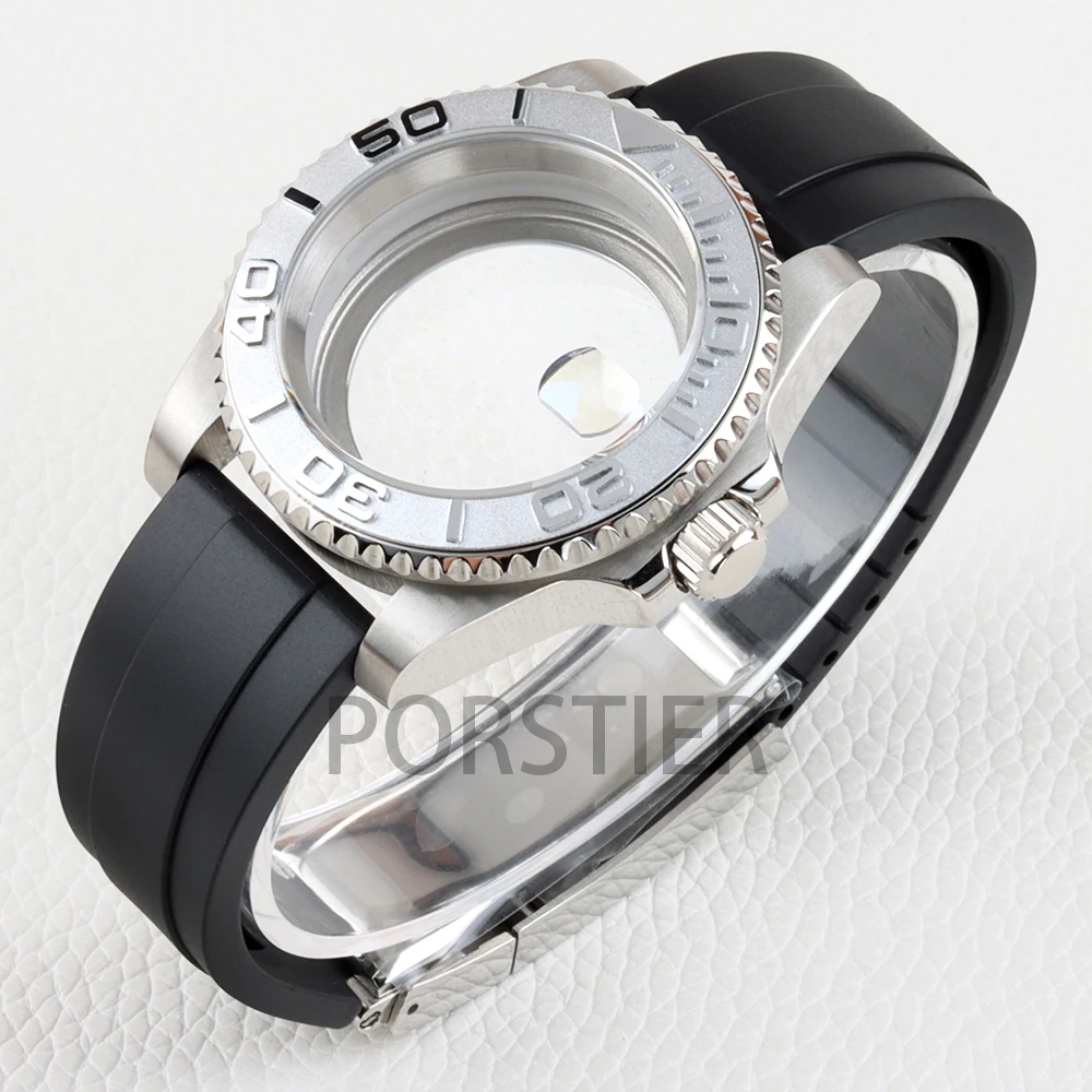 Stainless Steel 40mm Yacht Watch Case with Sapphire Glass & Rubber Strap - 100m Waterproof