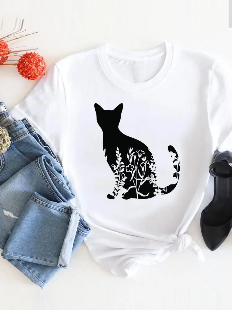 

Lovely Cat Cute 90s Print T Shirt Short Sleeve Summer Clothes Women Clothing Fashion O-neck Graphic T-shirt Tee Top